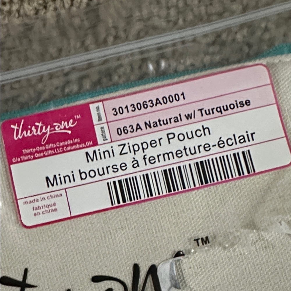 Thirty-One Mini Zipper Pouch - neutral W/ Turquoise